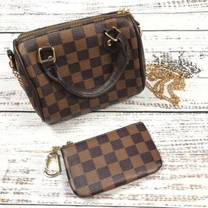 Brown checkered nano style crossbody purse with coin purse